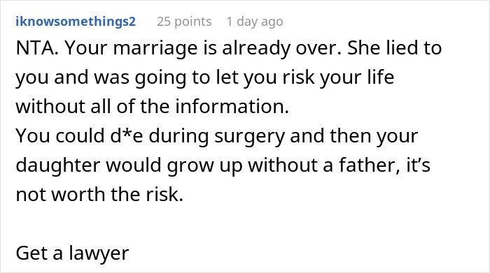 A comment advising against a man donating a kidney to his BIL, citing risks to the donor's life. A comment advising against a man donating a kidney to his BIL, citing risks to the donor's life.