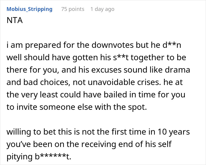 A comment expressing a strong opinion about a groom's friend missing a wedding and his withdrawal issues. A comment expressing a strong opinion about a groom's friend missing a wedding and his withdrawal issues.