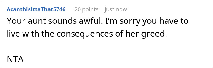 A short Reddit comment sympathizing with the woman about her aunt's greed and the consequences. Main keyword: wedding. A short Reddit comment sympathizing with the woman about her aunt's greed and the consequences. Main keyword: wedding.