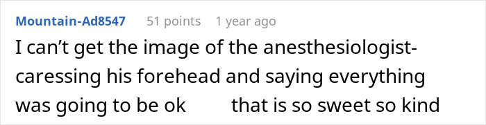 A Reddit comment discussing an anesthesiologist comforting a patient, related to a brain tumor experience.