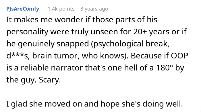 A comment wondering if the man's personality changed due to a psychological break or other issues after his mother called the woman defective.