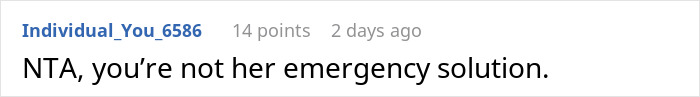 A Reddit comment stating that one is not an emergency solution for a bride who tries to force a bridesmaid role. A Reddit comment stating that one is not an emergency solution for a bride who tries to force a bridesmaid role.