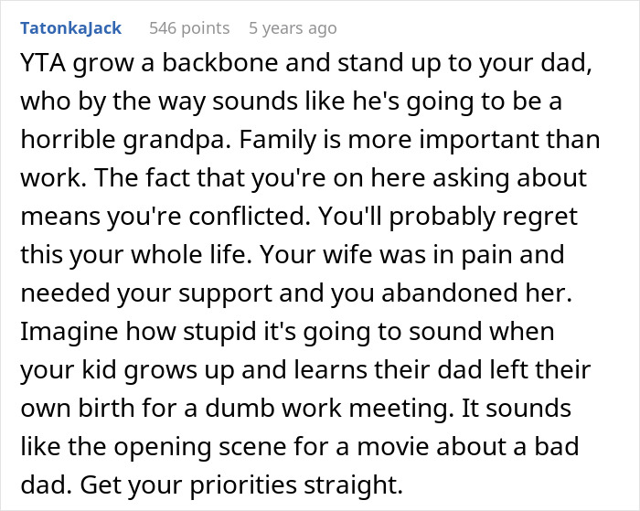 A Reddit comment advising a husband to prioritize his wife during labor over work and family pressure. A Reddit comment advising a husband to prioritize his wife during labor over work and family pressure.