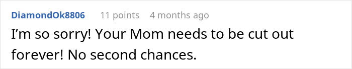 Comment suggesting the mom should be cut out forever after taking over the dance floor at daughter's wedding.