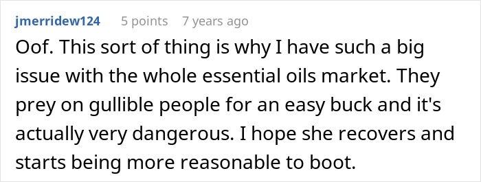 A screenshot of a Reddit comment about the dangers of essential oils, related to a crazy MIL and her potent potion.