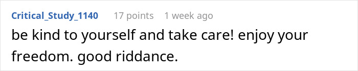 Screenshot of a comment telling the girlfriend to be kind to herself and enjoy her freedom after the trip detail.