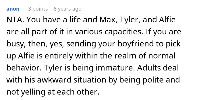 A screenshot of a comment from anon explaining why a man cheating and getting mad about his GF dating his friend is NTA. A screenshot of a comment from anon explaining why a man cheating and getting mad about his GF dating his friend is NTA.