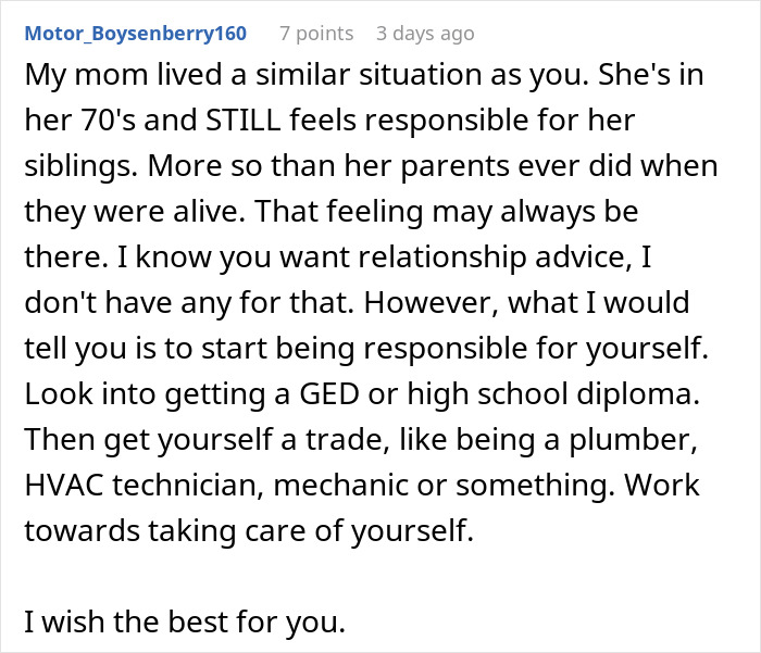 A comment offering advice to a man whose parents ruined his childhood, suggesting he focuses on self-responsibility. A comment offering advice to a man whose parents ruined his childhood, suggesting he focuses on self-responsibility.