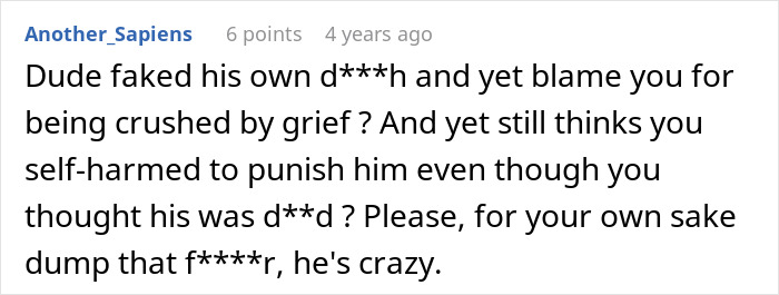 A Reddit comment criticizing a boyfriend's cruel prank and his blame on the girlfriend's reaction. A Reddit comment criticizing a boyfriend's cruel prank and his blame on the girlfriend's reaction.