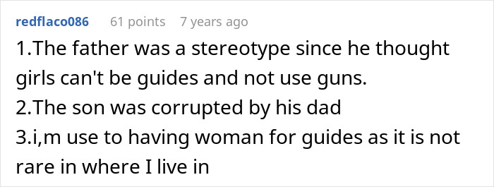 Screenshot of a comment discussing a Saudi dad refusing an Arctic tour led by a woman, describing the father as a stereotype. Screenshot of a comment discussing a Saudi dad refusing an Arctic tour led by a woman, describing the father as a stereotype.