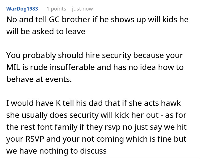A screenshot of a Reddit comment regarding a MIL and a childfree wedding, discussing family feud and kids. A screenshot of a Reddit comment regarding a MIL and a childfree wedding, discussing family feud and kids.
