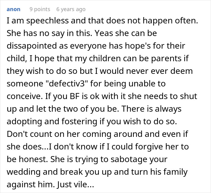 Screenshot of a Reddit comment expressing disbelief at a future mother-in-law's actions and supporting the woman.