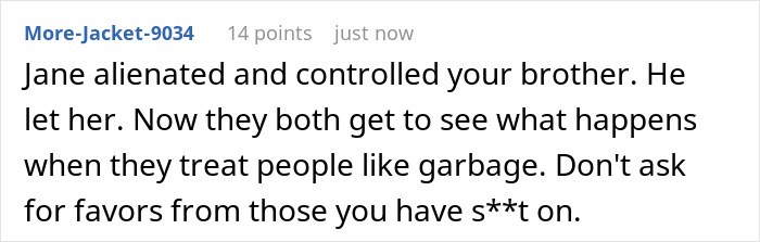 A comment on Delulu Mom who keeps Dad's family away from kid, saying Jane alienated the brother.