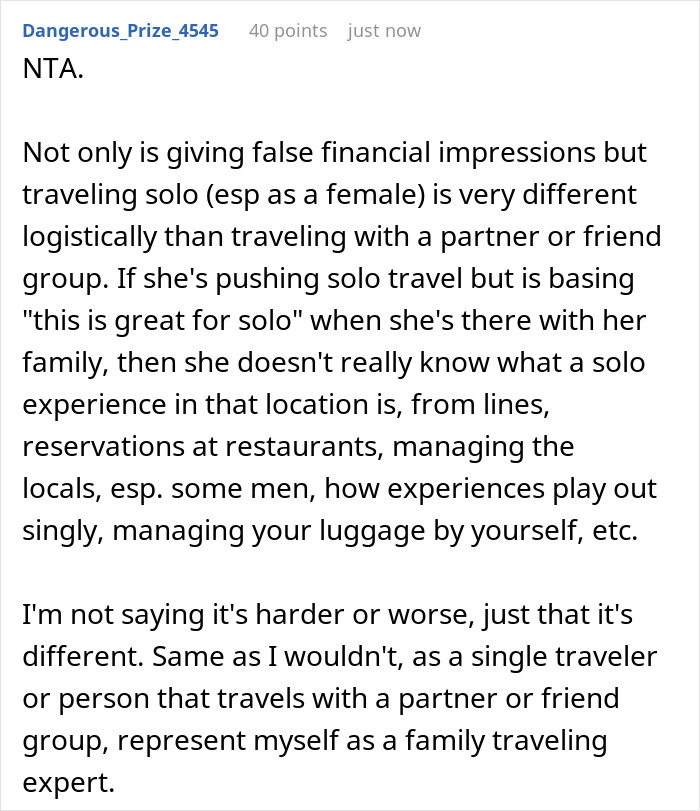 A comment on a travel influencer lying about solo trips, highlighting the difference between solo and group travel experiences. A comment on a travel influencer lying about solo trips, highlighting the difference between solo and group travel experiences.