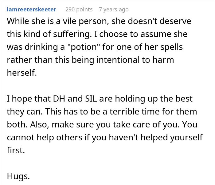 A screenshot showing comments about a crazy MIL and her most recent potion incident.