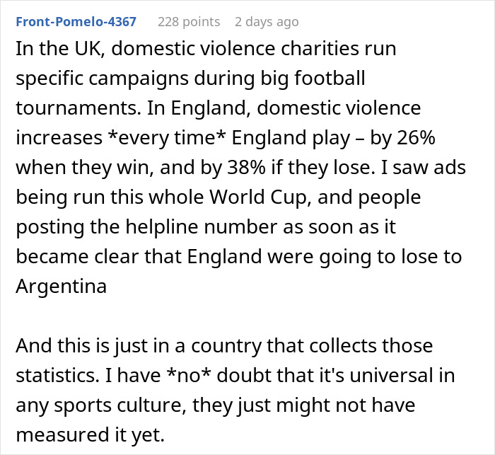 A detailed comment on why a woman's fiancé is upset about football, citing UK domestic violence statistics during tournaments. A detailed comment on why a woman's fiancé is upset about football, citing UK domestic violence statistics during tournaments.