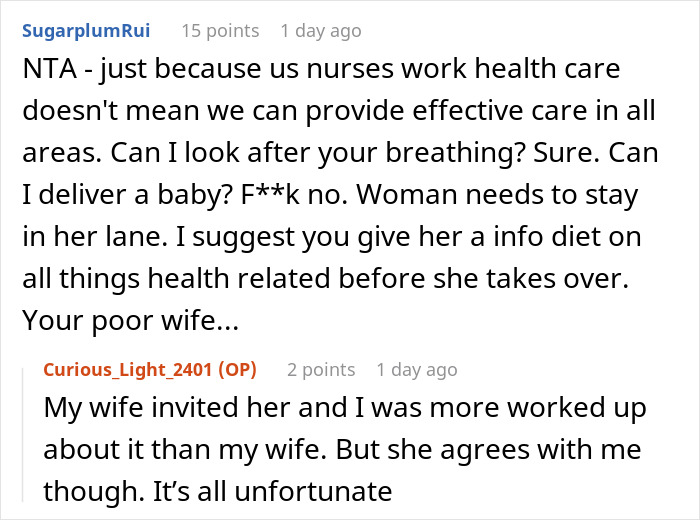 A screenshot of a reddit comment from a nurse discussing a mom's nurse mode and fit during DIL's delivery.