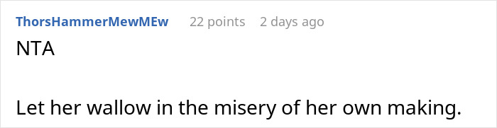 A Reddit comment from ThorsHammerMewMew, concisely stating NTA about the bride's situation. A Reddit comment from ThorsHammerMewMew, concisely stating NTA about the bride's situation.