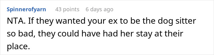 A Reddit comment on a guy not wanting his ex-wife staying in his home, suggesting friends host the ex. A Reddit comment on a guy not wanting his ex-wife staying in his home, suggesting friends host the ex.