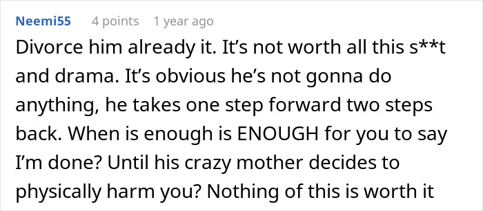A Reddit comment advising the DIL to divorce her husband to evade the toxic MIL and evict her from her house.