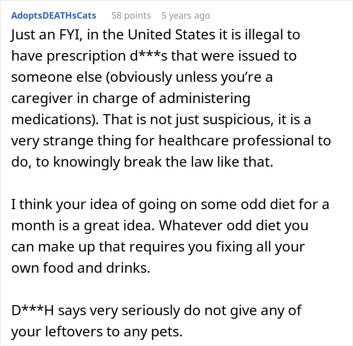A screenshot of a reddit comment discussing the illegality of prescription d***s and food concerns with a future mother-in-law. A screenshot of a reddit comment discussing the illegality of prescription d***s and food concerns with a future mother-in-law.