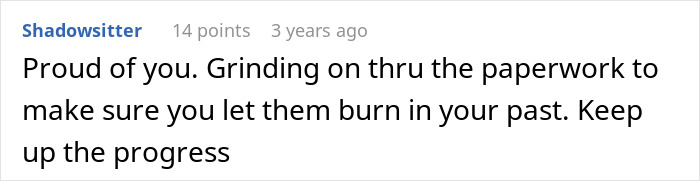 A comment praises the woman for moving past her husband and sister, focusing on paperwork for separation.
