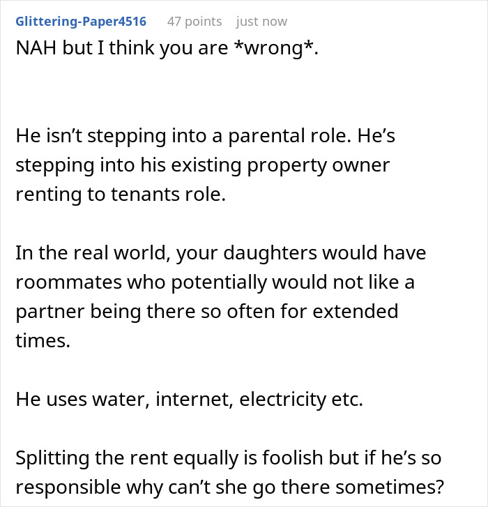 Screenshot of a Reddit comment regarding a woman's dilemma about her husband's plan to charge rent to her daughter's boyfriend. Screenshot of a Reddit comment regarding a woman's dilemma about her husband's plan to charge rent to her daughter's boyfriend.