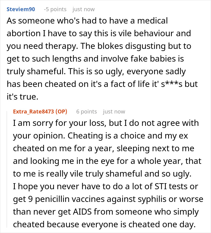 A screenshot of a Reddit user's strong opinion on the fake abortion, and the GF's detailed response. A screenshot of a Reddit user's strong opinion on the fake abortion, and the GF's detailed response.