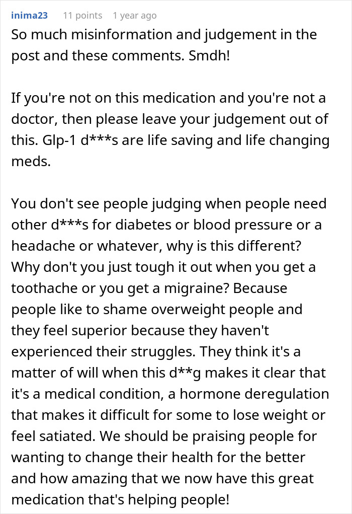 A social media comment advocating for medication that helps people lose weight, challenging judgment against overweight people.
