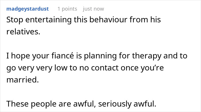 A Reddit comment urging to stop entertaining bad behavior from relatives regarding a childfree wedding, suggesting therapy and no contact. A Reddit comment urging to stop entertaining bad behavior from relatives regarding a childfree wedding, suggesting therapy and no contact.