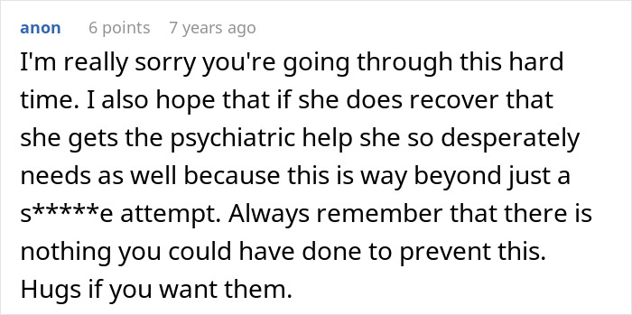 A comment advising psychiatric help for the witching MIL who couldn't survive her most recent potion.