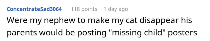 A Reddit comment joking about the extreme consequences for a house sitter if a cat went missing.