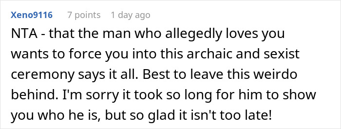 A comment from Xeno9116 about the man trying to force his girlfriend into a sexist ceremony.