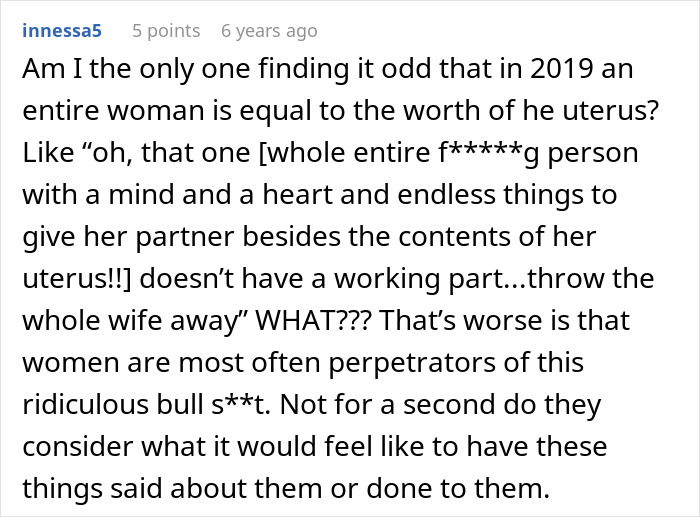 A comment questioning why a woman's worth is tied to her uterus, criticizing the future mother-in-law.