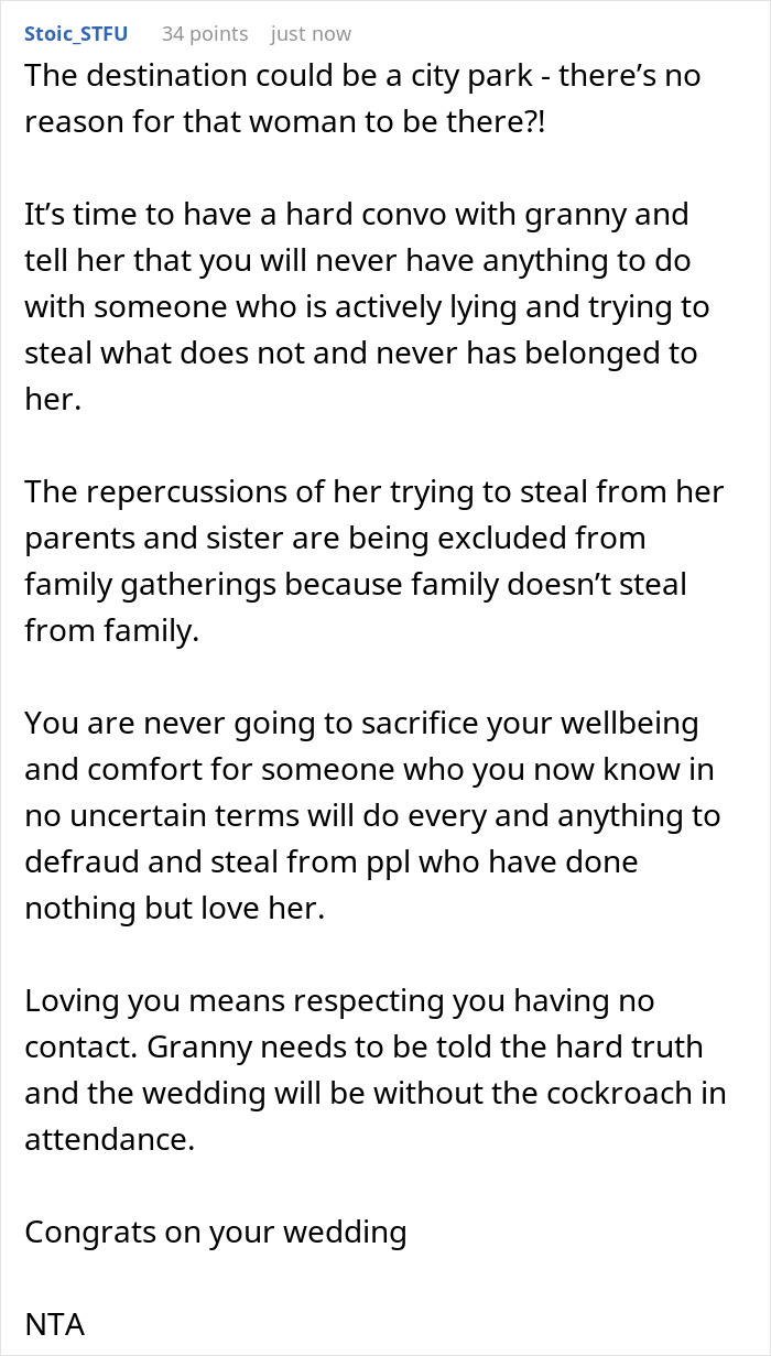 A detailed Reddit comment advising the woman to talk to her grandma about the aunt who changed grandpa's will. Main keyword: wedding. A detailed Reddit comment advising the woman to talk to her grandma about the aunt who changed grandpa's will. Main keyword: wedding.