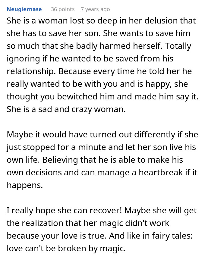 A comment analyzing a crazy MIL's delusion and harmful actions while witching around, hoping she can recover from her potion.