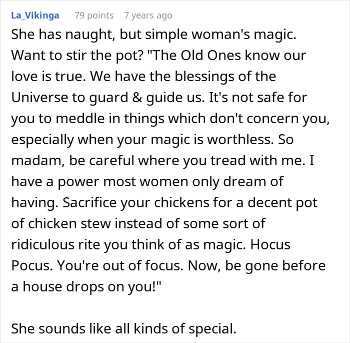 A Reddit comment advising the crazy MIL to focus on real cooking instead of worthless witchcraft, warning her to back off.