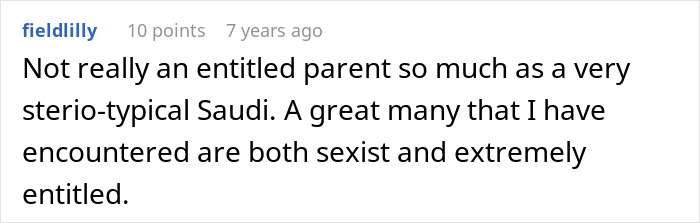 Screenshot of a comment describing a Saudi parent as stereotypical, sexist, and entitled, regarding a woman leading an Arctic tour. Screenshot of a comment describing a Saudi parent as stereotypical, sexist, and entitled, regarding a woman leading an Arctic tour.