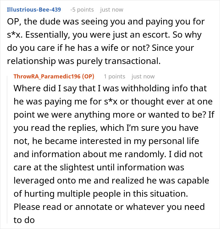 A screenshot of a Reddit comment where a user suggests the woman was an escort, and her cheater boyfriend discussion.
