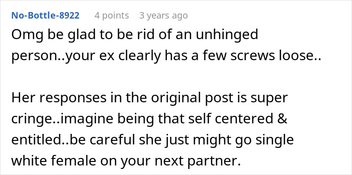 A comment online complaining about an unhinged ex.