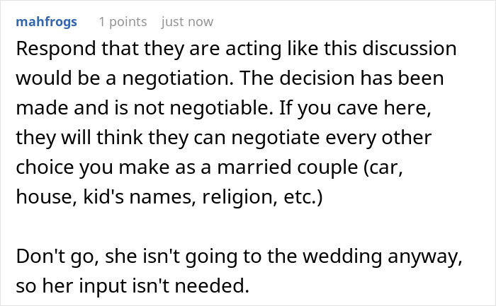 A screenshot of a Reddit comment on how to respond to a MIL causing a family feud over a childfree wedding and kids. A screenshot of a Reddit comment on how to respond to a MIL causing a family feud over a childfree wedding and kids.