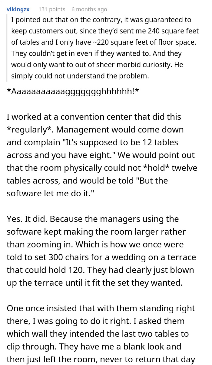 A screenshot of a Reddit comment describing a boss's stupid idea that would prevent customers from entering the store. A screenshot of a Reddit comment describing a boss's stupid idea that would prevent customers from entering the store.