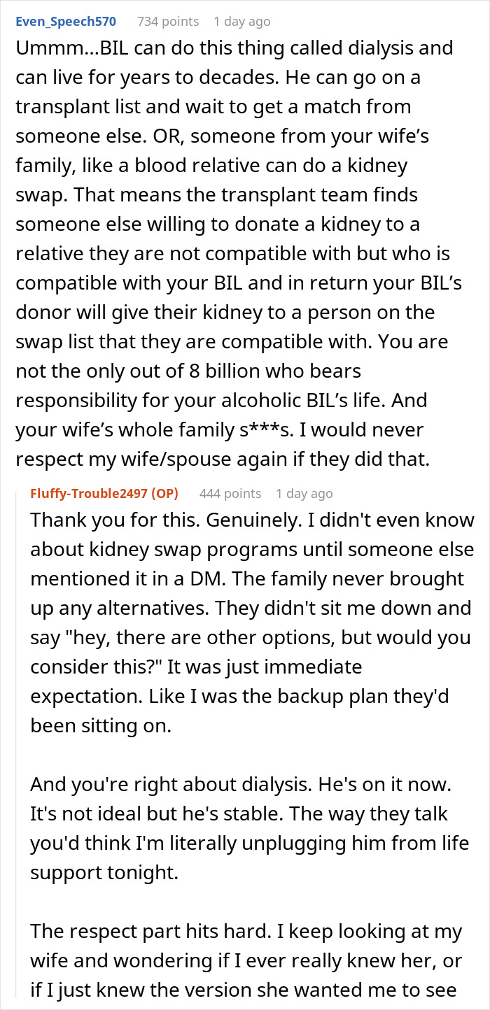 Reddit comment on donating a kidney to BIL, explaining alternatives like dialysis and kidney swap programs. Reddit comment on donating a kidney to BIL, explaining alternatives like dialysis and kidney swap programs.