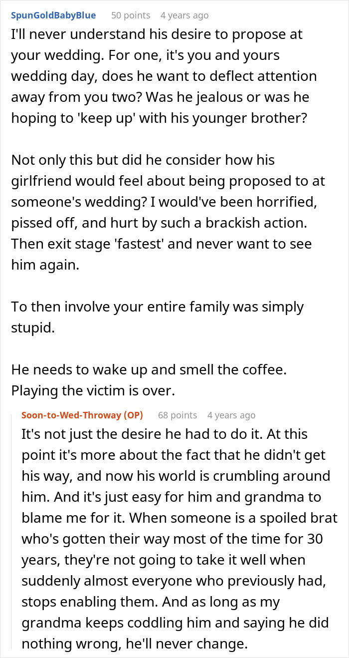 Screenshot of Reddit comments discussing an entitled man's plan to propose at his brother's wedding, and the consequences.