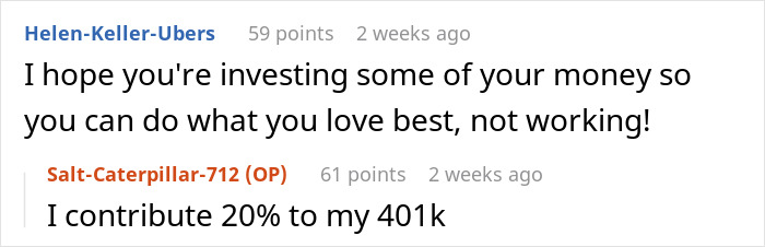 A user comment on a woman's easy job and medium salary, advising investment over working. A user comment on a woman's easy job and medium salary, advising investment over working.