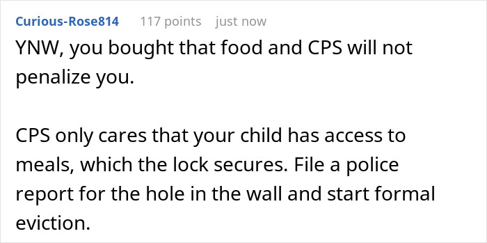Screenshot of Reddit comment stating CPS will not penalize for locking up food from a moocher.