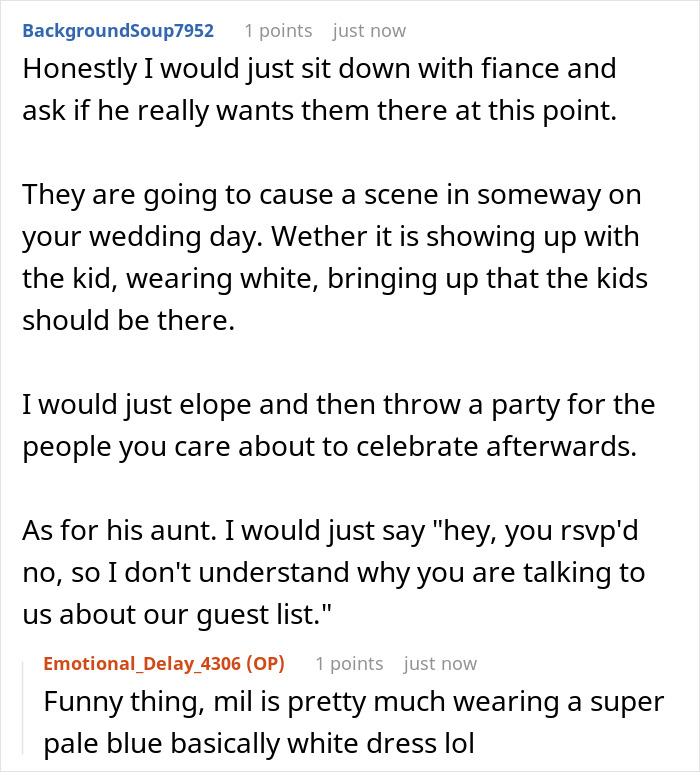 Reddit comment suggesting eloping to avoid a family feud over a childfree wedding, can't digest kids can't attend. Reddit comment suggesting eloping to avoid a family feud over a childfree wedding, can't digest kids can't attend.