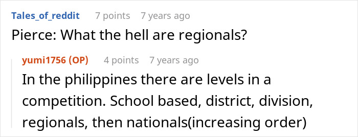 A comment asking about regionals and the original poster explaining competition levels in the Philippines, relating to sexist remarks. A comment asking about regionals and the original poster explaining competition levels in the Philippines, relating to sexist remarks.