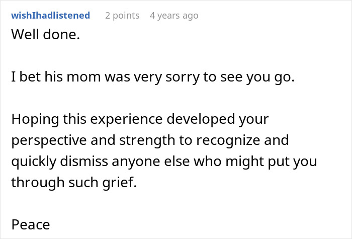 A screenshot of a comment commending the girlfriend for her reaction to a boyfriend's cruel prank. A screenshot of a comment commending the girlfriend for her reaction to a boyfriend's cruel prank.