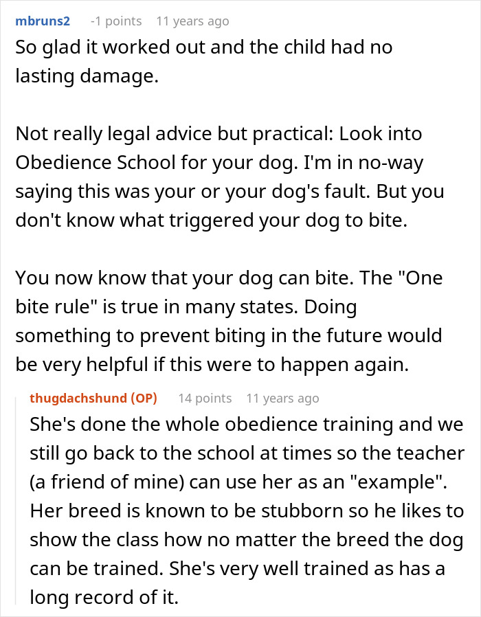 A Reddit comment thread about a dog owner's nightmare, with advice on obedience school and a reply about dog training. A Reddit comment thread about a dog owner's nightmare, with advice on obedience school and a reply about dog training.
